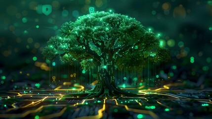 A mesmerizing portrayal showcases a tree adorned with brilliant digital lights, serving as a symbolic representation of the harmonious coexistence between nature and technology. - obrazy, fototapety, plakaty