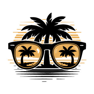recommend clip art: A pair of  sunglasses with palm tree reflections is depicted against a white  background, suggesting a beach or tropical theme