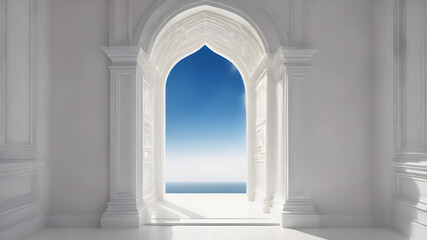 White gate entrance. New life or beginning concept.  Dream gate to success. AI generated image, ai