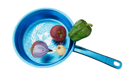 United Nations Flag Emblem on Blue Skillet with Healthful Vegetables - 767126357