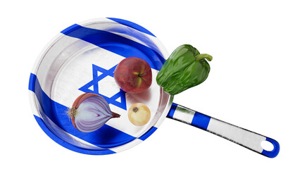 Israeli Flag as a Vivid Backdrop on Frying Pan with Fresh Vegetables - 767126387