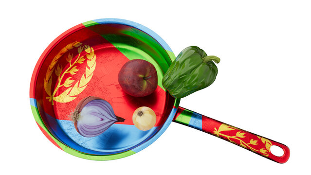 Eritrean Flag Colors on Skillet with Natural Ingredients on Dark Background