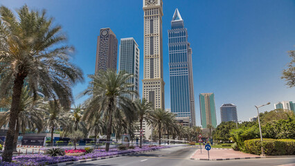 Modern skyscrapers of the skyline along the business center of Sheikh Zayed Road timelapse in Dubai, UAE