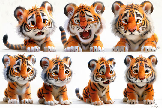 #Set emoji baby #tigers with white background. Very funny and colorful, image 2D