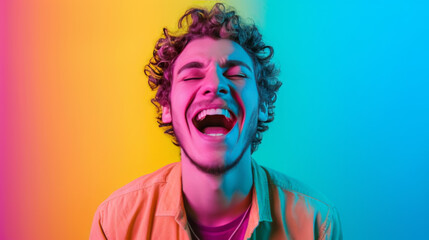 Joyful Man in Sunglasses Laughing with Colorful Neon Light Background - obrazy, fototapety, plakaty