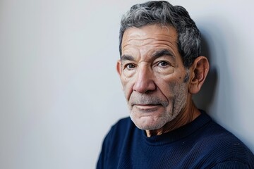 Portrait of an elderly man with grey hair in a blue sweater