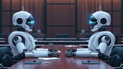 AI ethics debate on deepfakes, represented by two AIs discussing the moral implications in a digital forum