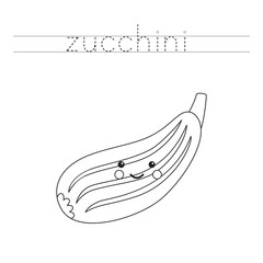 Trace the letters and color cartoon zucchini. Handwriting practice for kids.