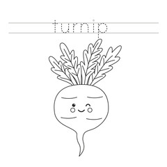 Trace the letters and color cartoon turnip. Handwriting practice for kids.