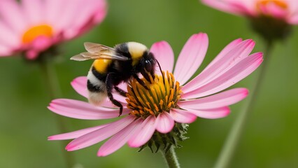 Bumblebee gathers pollen on pink flower against summer meadow backdrop