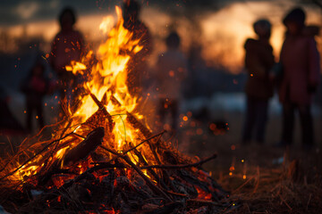 traditional Easter bonfire celebration, where families gather around a roaring fire to symbolize the triumph of light over darkness - Powered by Adobe