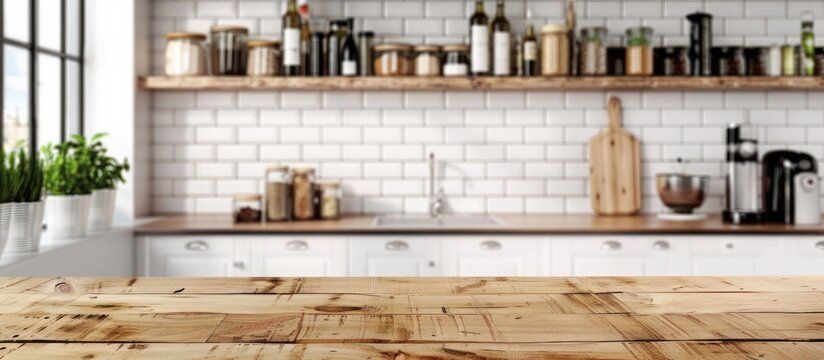 Background of a kitchen with white walls and a wooden table, featuring a food and product display area. An empty wooden tabletop, counter, and shelf in a kitchen wall room for a retail shop,