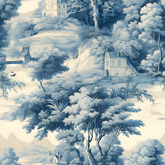 Toile de jouy pattern with countryside views with castles and houses and landscapes with trees, river and bridges with road in blue color	
