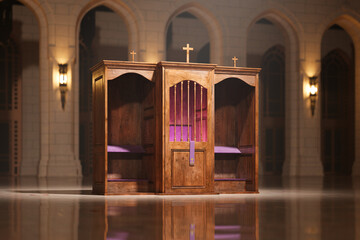 Elegant Wooden Confessional Booth with Purple Cushions Inside Tranquil Church - obrazy, fototapety, plakaty