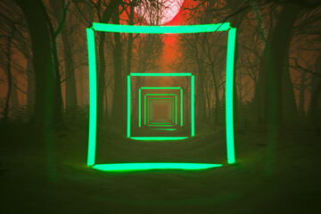 Enigmatic Neon Portals Creating an Infinite Tunnel in a Twilight Forest © Dabarti