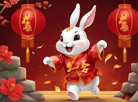 A playful rabbit jumps among auspicious red lanterns, symbolizing prosperity and new beginnings. Chinese new year. Illustration. Generative AI