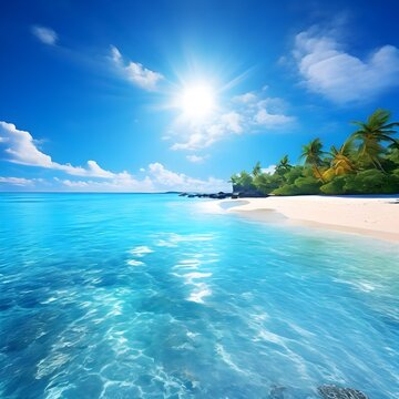beautiful background image of a tropical beach bright summer sun over ocean, Ai Generated