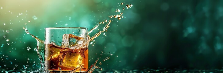 A banner of a glass of Rum on the rocks with light splashes for effect on a rustic green background. Copy space for text - obrazy, fototapety, plakaty