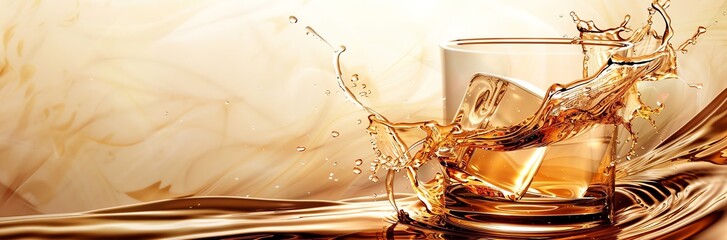 A banner of a glass of Whisky on the rocks with light splashes for effect on a silky coffee colour background. Copy space for text