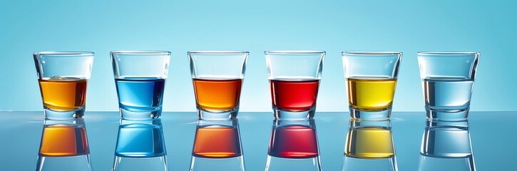 A banner of a row of 5 shot glasses containing different coloured liquor, on a blue background, party vibes
