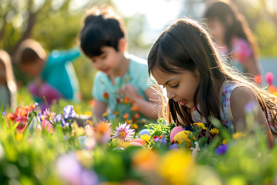 Children having fun in park. Easter egg hunt concept