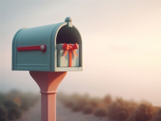 Mailbox with gift box on the background of the sunset