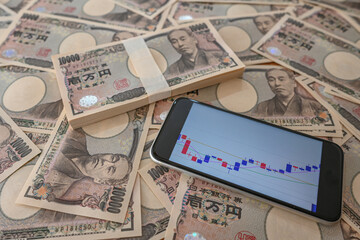 大量の一万円札と為替相場のチャート　10,000 yen bills and a chart of the exchange rate	