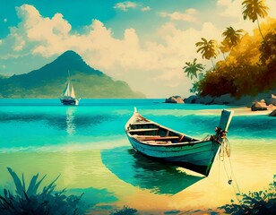 Fototapeta na wymiar Painting style illustration of beautiful peaceful tropical ocean lagoon banner background