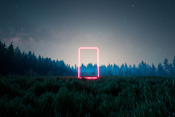 Enigmatic Neon Portal Glowing in a Dark, Mystical Forest Under a Starlit Sky - obrazy, fototapety, plakaty