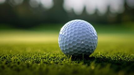 Obraz premium Close-up of a golf ball on a vibrant green course at sunrise