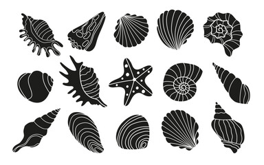 Set of various sea shells and starfish .Vector black and white silhouettes. - obrazy, fototapety, plakaty
