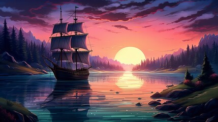 Ship on Lake in the dusk  - obrazy, fototapety, plakaty