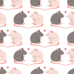 Seamless pattern with rats in love sitting together. Romantic rodents couple with hearts. Vector flat illustration on white background