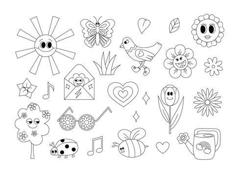 Retro 70s groovy spring and summer elements coloring page. Funky hippie outline set with cartoon flowers, leaves, tree, grass, bird, insects, heart, sun, sunglasses etc. Coloring book for print.