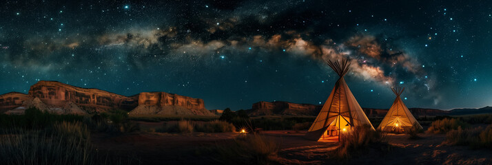 The Indian Village In the heart of the Grand Canyon. Two traditional traditional tipis. Night  - Powered by Adobe
