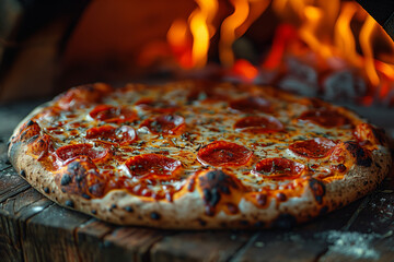 Pepperoni pizza on brick oven with flames in the background.