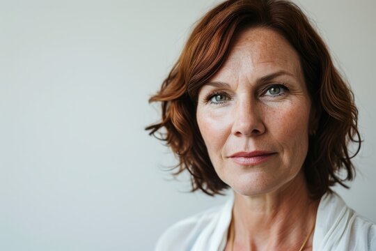 Portrait of mature woman with short red hair in a studio.