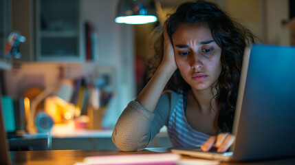 woman looking sad and depressed working on laptop at night