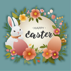Happy Easter vector card. Spring greeting card drawing. Postcard with rabbit, eggs, spring flowers.
