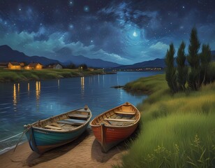 Impressionism, a charming view on the banks of the lake with a group of beautiful boats on a dreamy moonlit night - obrazy, fototapety, plakaty