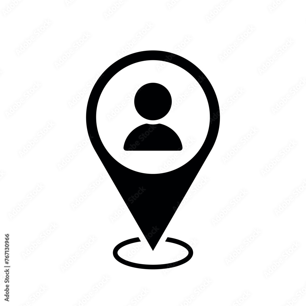 Wall mural person location map pointer, avatar icon with location pin, black symbol isolated on white backgroun