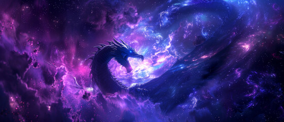 Majestic dragon soars through a vibrant cosmic nebula, blending fantasy and space elements