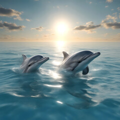 A pod of playful dolphins swimming gracefully in the crystal-clear ocean - obrazy, fototapety, plakaty