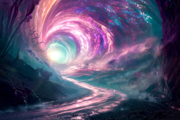 A road disappearing into a swirling vortex of colorful light in the middle of a misty mountain