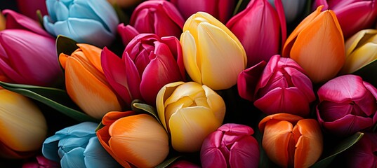 a high resolution digital art piece featuring a diverse array of vivid flowers, particularly showcasing bright tulips against a dramatic black backdrop