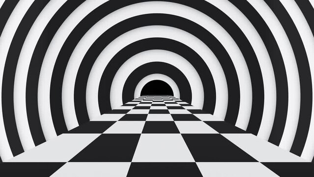 Black and white optical illusion road tunnel loop animation