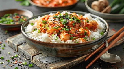 Foto op Plexiglas a realistic photo featuring Kimchi and rice, traditional Korean food, elegantly arranged on a plate with chopsticks and spoons. Set against a vintage wooden table background © growth.ai