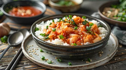 Foto op Canvas a realistic photo featuring Kimchi and rice, traditional Korean food, elegantly arranged on a plate with chopsticks and spoons. Set against a vintage wooden table background © growth.ai