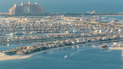 Aerial view of Palm Jumeirah Island timelapse.