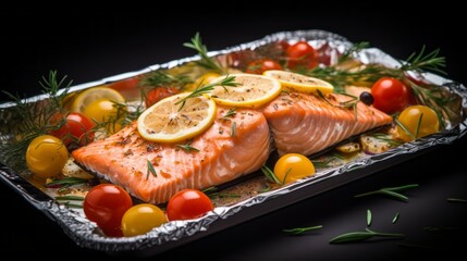A piece of salmon with lemon slices and tomatoes on top of a foil pan